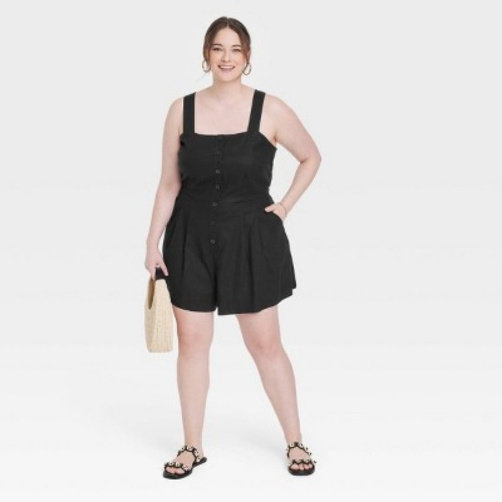 A New Day Black Sleeveless Crossback Linen Shorts Romper